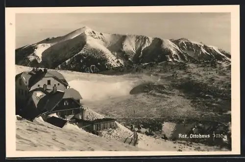 AK Ottohaus, schneebedeckte Berghütte auf der Rax