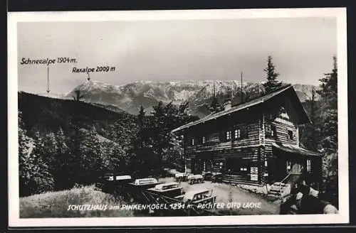 AK Schutzhaus am Pinkenkogel, Pächter Otto Lache, Montage mit Schneealpe und Raxalpe