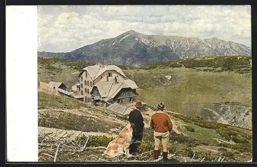 AK Otto-Berghütte, Rax 2009m mit dem Schneeberg, zwei Männer mit Bernhardiner