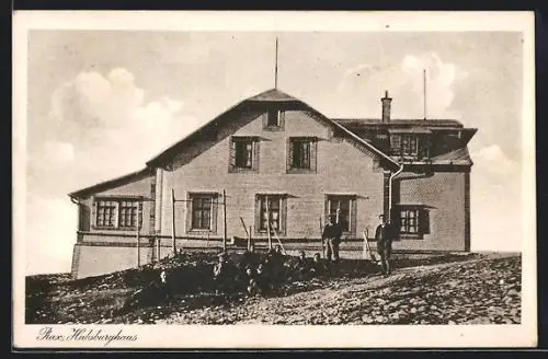 AK Habsburghaus, Berghütte mit Wanderern auf der Rax