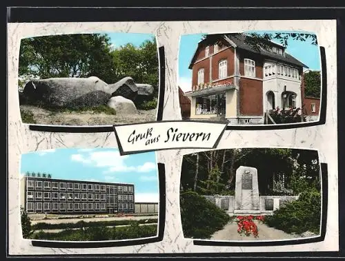 AK Sievern / Bremerhaven, EDEKA-Lager- und Handlung, Kriegerdenkmal