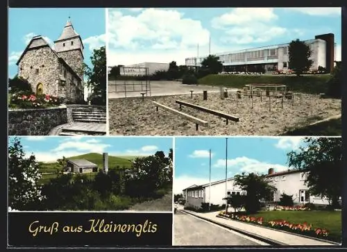 AK Kleinenglis, Kirche, Schule mit Spielplatz, Gebäudeansichten
