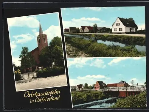 AK Ostrhauderfehn / Ostfriesland, Kirche, Siedlung, Fluss mit Brücke