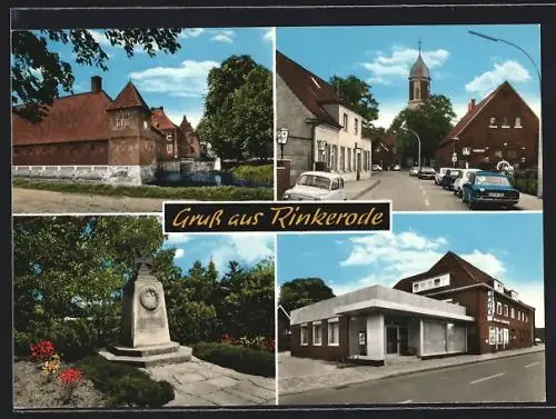 AK Rinkerode, Kriegerdenkmal, Bankgebäude, Schloss, Teilansicht mit Kirche