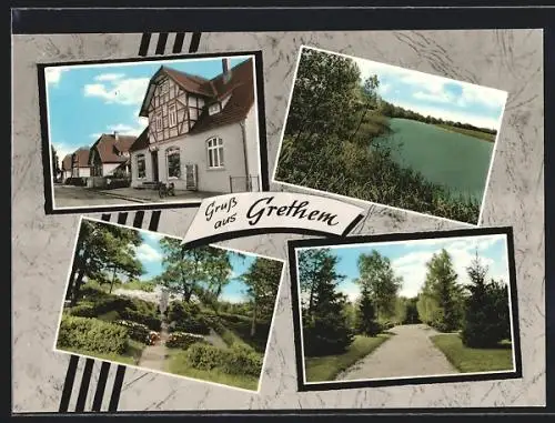 AK Grethem / Walsrode, Handlung, Kriegerdenkmal, Wald- und Seeidylle