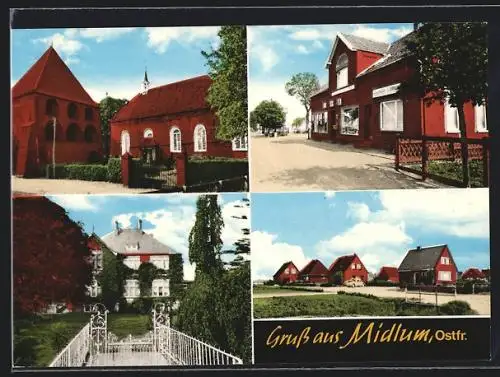 AK Midlum / Ostfr., Lübbers Lebensmittel & Gaststätte, Orts-Teilansicht, Villa