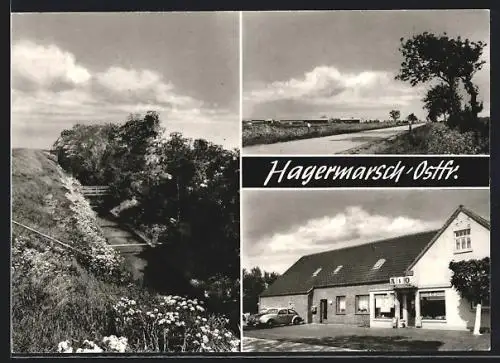 AK Hagermarsch / Ostfr., A & O Lebensmittel Rolf Hasbergen, Gesamtansicht, Kanal