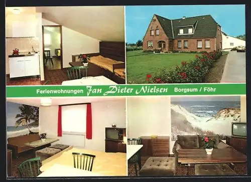 AK Borgsum / Föhr, Ferienwohnungen / Gasthaus v. Jan Dieter Nielsen, Aussen- und Innenansichten