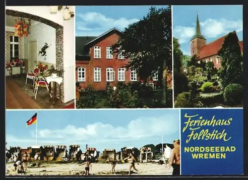 AK Wremen, Ferienhaus Follstich, Kirche, Strandleben
