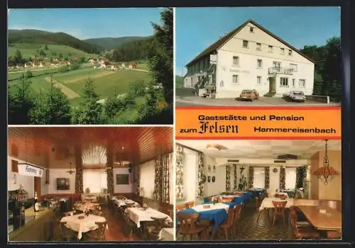 AK Hammereisenbach, Gaststätte und Pension zum Felsen mit Innenansichten, Ortsansicht aus der Ferne