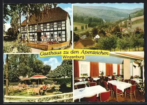 AK Winzenburg bei Alfeld, Gasthaus zu den Apenteichen mit Terrasse und Innenansicht, Ortsansicht
