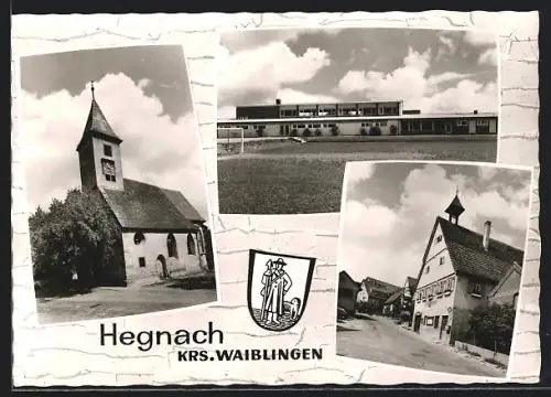 AK Hegnach /Waiblingen, Kirche, Schule mit Fussballplatz, Rathaus