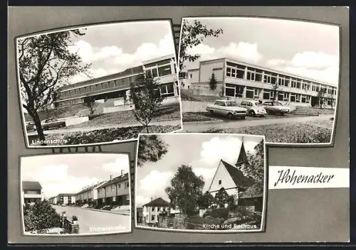 AK Hohenacker, Lindenschule mit VW Käfer davor, Silcherstrasse, Kirche und Rathaus