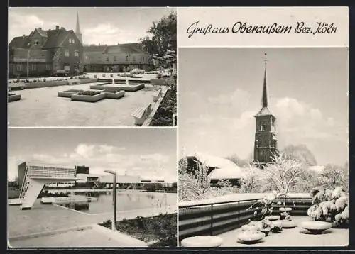 AK Oberaussem /Bez. Köln, Ortspartie mit Kirche im Winter, Ortsansicht mit Grünanlage, Schwimmbad