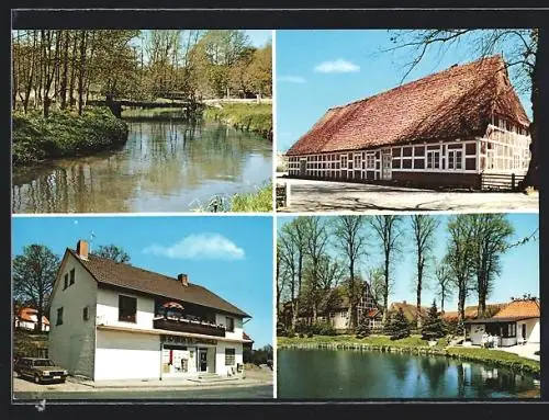 AK Moisburg, Bachpartie mit Blick auf die Brücke, Hausansicht, Partie am Teich