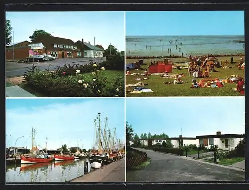 AK Friedrichskoog, VIVO H. C. Petersen u. Sohn Gemischtwaren, Hafenstrasse, Strandleben, Hafen