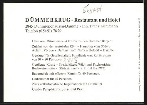 AK Dümmerlohausen, Restaurant u. Hotel Dümmerkrug, Inh. Franz Kuhlmann