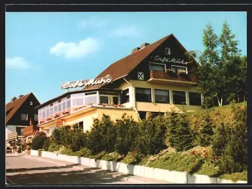 AK Schulenburg /Oberharz, Café Muhs, Blick von der Strasse auf die Terrasse