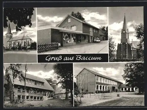 AK Baccum, Strassenpartie mit Kirche, Geschäft, Schule mit Spielplatz