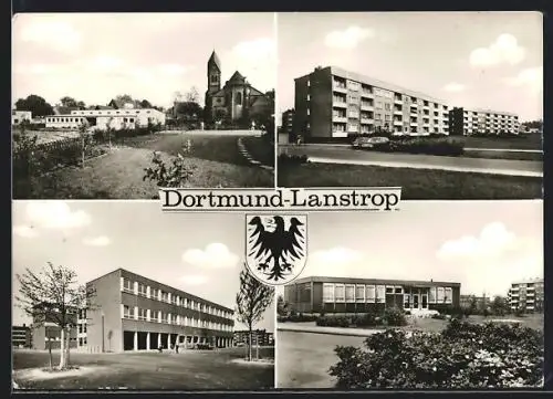 AK Dortmund-Lanstrop, Blick auf die Kirche, Wohnhäuser, Schulgebäude