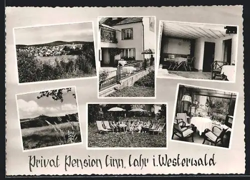 AK Lahr i. Westerwald, Ortsansicht und Privatpension Linn, Innenansicht, Terrasse, Garten