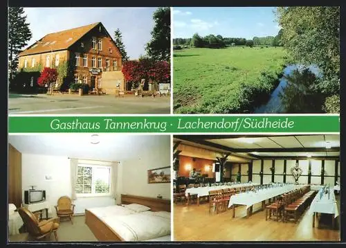 AK Lachendorf /Südheide, Feldpartie mit einem Bach, Gasthaus Tannenkrug mit Festsaal und Schlafzimmer, Ackerstr. 11