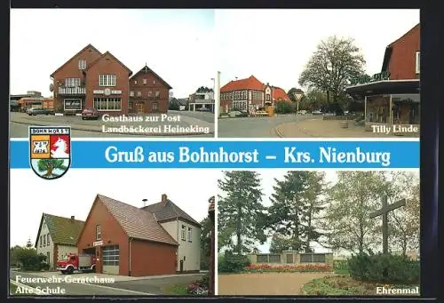 AK Bohnhorst /Nienburg, Gasthaus zur Post, Tilly Linde, Feuerwehr-Gerätehaus, Ehrenmal