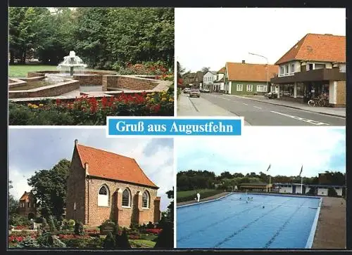 AK Augustfehn, Park mit Springbrunnen, Kirche und Friedhof, Schwimmbad