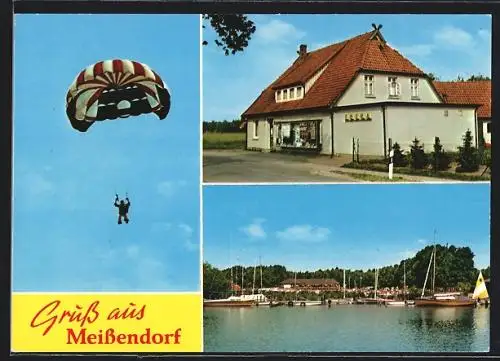 AK Meissendorf, Edeka-Geschäft, Fallschirmspringer, Blick zum Ort, Boote