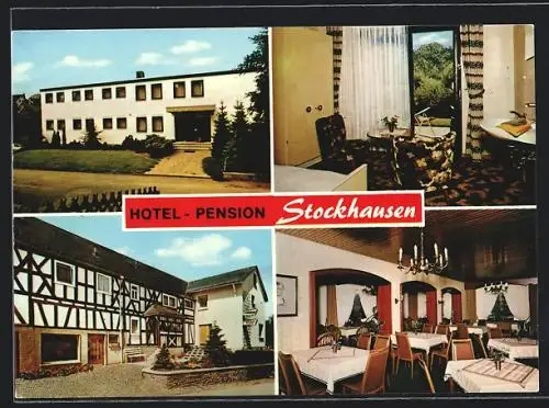 AK Müschenbach-Hachenburg, Hotel-Pension Stockhausen, Fachwerkfassade und Interieur