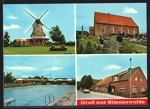 AK Ihlow-Simonswolde, Windmühle, Kirche mit Friedhof, Schwimmbad