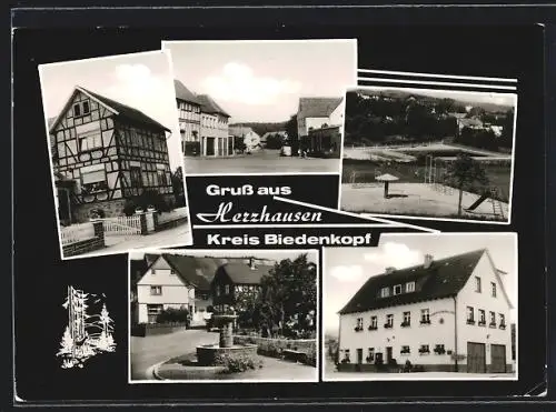 AK Herzhausen /Biedenkopf, Ortspartie, altes Fachwerkhaus, Brunnen