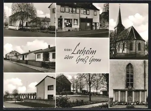 AK Leeheim über Gross Gerau, Kirche, Denkmal, Schule, Ortspartien