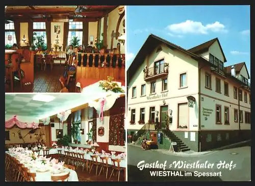AK Wiesthal im Spessart, Gasthof Wiesthaler Hof, Frontansicht, geschmückter Speisesaal, Frau mit Instrument