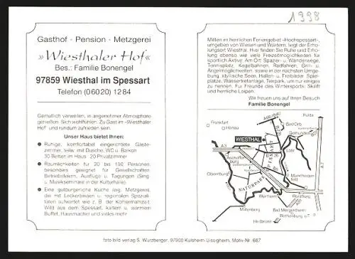 AK Wiesthal im Spessart, Gasthof Wiesthaler Hof, Frontansicht, geschmückter Speisesaal, Frau mit Instrument