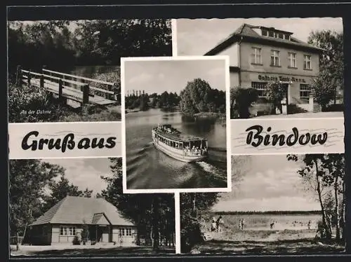 AK Bindow / Dahme, Gasthaus Tante Anna, Fähre, Gebäude- und Seeansicht