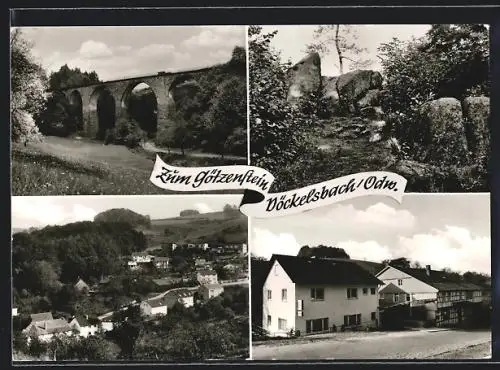 AK Mörlenbach-Vöckelsbach / Odw., Gasthof-Pension Zum Götzenstein, Bes. Hch. Majewski, Viadukt, Gesamtansicht
