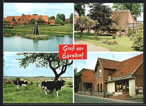 AK Eyendorf / Lüneburger Heide, Handlung, Gebäude, Teich mit Brunnen, Kuhweide