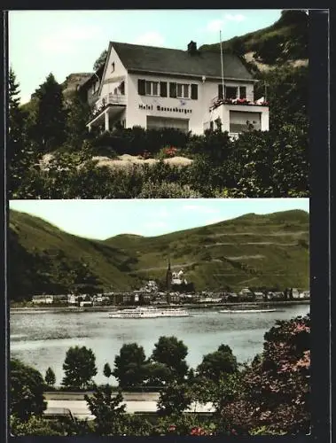 AK Bacharach a. Rh., Hotel Sussenburger, Panorama mit Rheindampfer