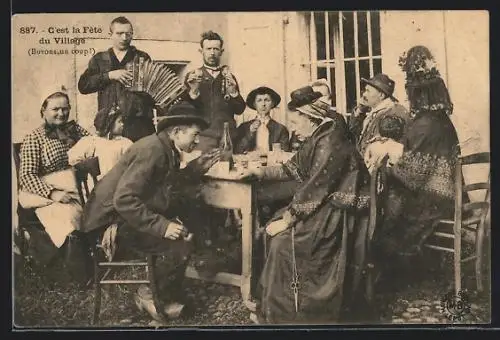 AK C`est la fete au Village, buvons un Coup, Tracht der Auvergne