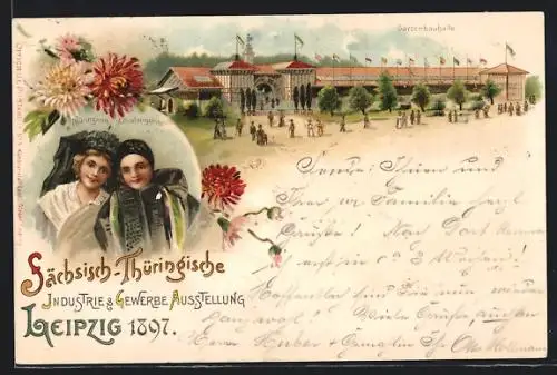 Lithographie Leipzig, Sächsisch-Thüringische Industrie- u. Gewerbeausstellung 1897, Gartenbauhalle