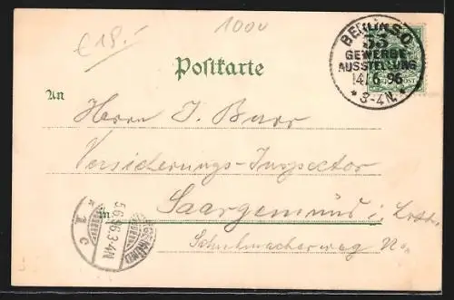 Lithographie Berlin, Gewerbe-Ausstellung 1896, Ausstellungspalast, Haupt-Portal, Bau- u. Ingenieurwesen-Ausstellung