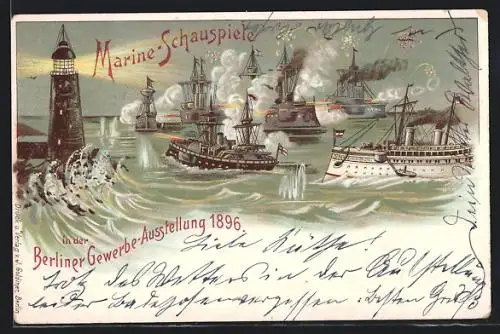Lithographie Berlin, Gewerbe-Ausstellung 1896 - Marine-Schauspiele