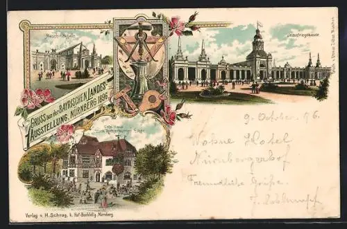 Lithographie Nürnberg, Bayrische Landes-Ausstellung 1896, Maschinenhalle, Industriegebäude, Cafè-Haus zum Rothenburger