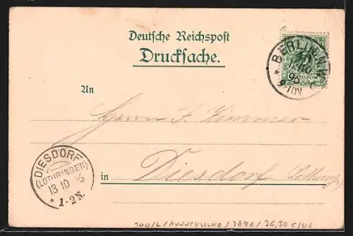 Lithographie Berlin, Gewerbe-Ausstellung 1896, Spreewaldhaus, Alpen-Panorama, Gebäude für Fischerei & Genussmittel