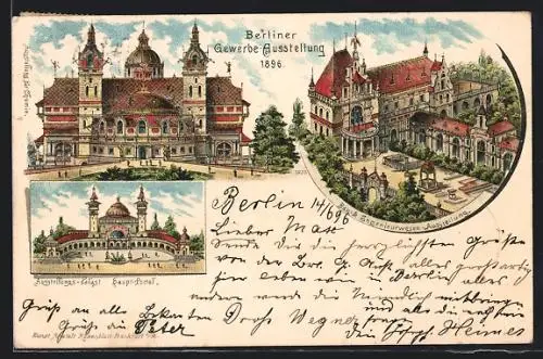 Lithographie Berlin, Gewerbe-Ausstellung 1896, Ausstellungspalast, Haupt-Portal, Bau- u. Ingenieurwesen-Ausstellung