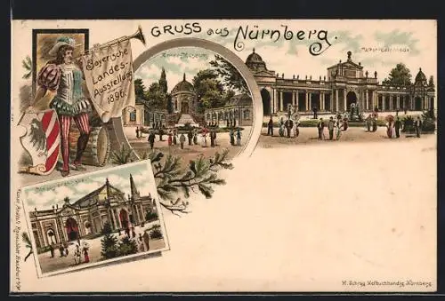 Lithographie Nürnberg, Bayerische Landes-Ausstellung 1896, Armee-Museum, West-Colonnade, Maschinenhalle, Wappen
