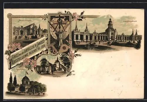 Lithographie Nürnberg, Bayerische Landesausstellung 1896, Maschinenhalle, Weinhaus, Kunsthalle, Wappen