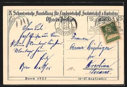 AK Bern, IX. Schweizerische Ausstellung f. Land- u. Forstwirtschaft und Gartenbau 1925, Älteres Ehepaar bei der Lektüre