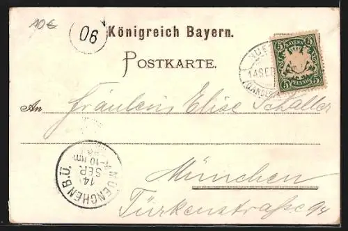 Lithographie Nürnberg, Bayr. Landes-Ausstellung 1896 - Kulmbacher Bierhalle, Münchner Bierhalle und Panorama